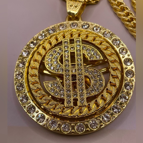 Rhinestone rotatable dollar pendant necklace. 36 inches long. Hip hop. Iced out. - Picture 5 of 7
